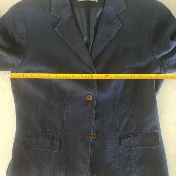 Liz Claiborne 100% linen lined blue blazer jacket 10 cropped bracelet sleeve - Picture 14 of 16